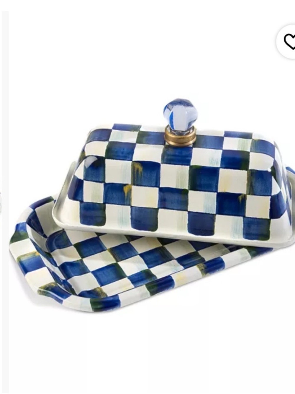 Blue & White Check Ceramic Butter Dish with Glass Knob